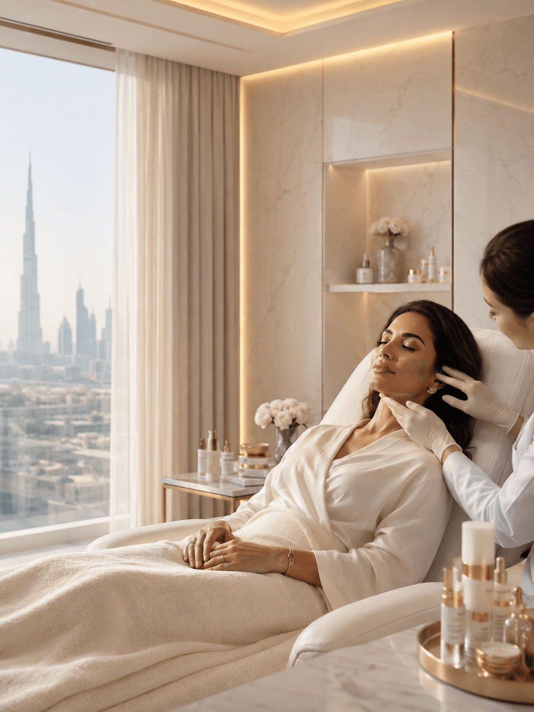 Maison Lumière treatment room with Burj Khalifa view